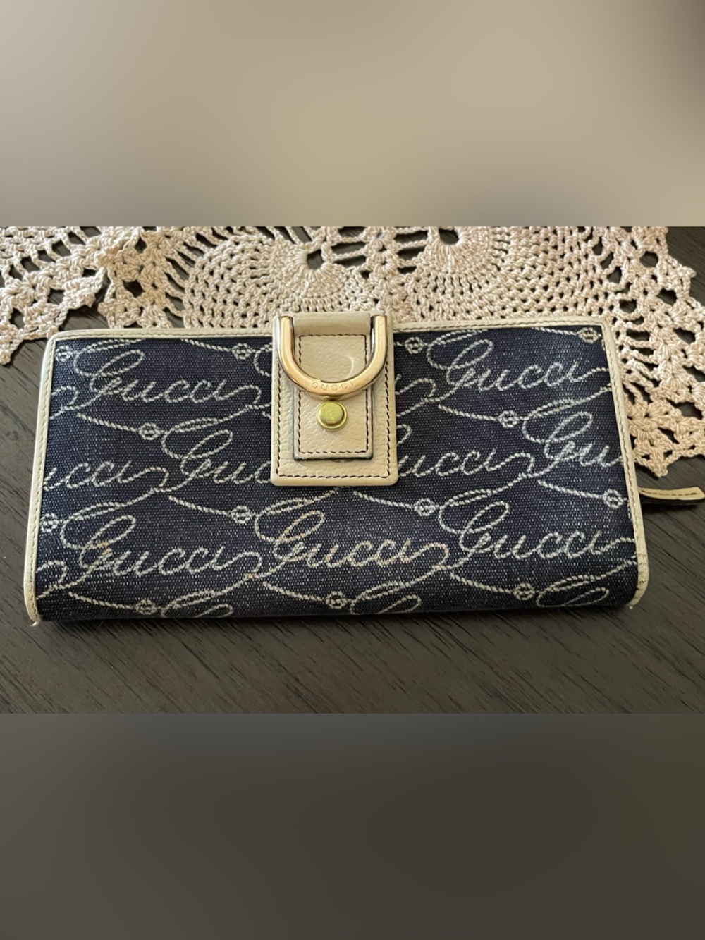 Gucci vintage navy script canvas continental wallet